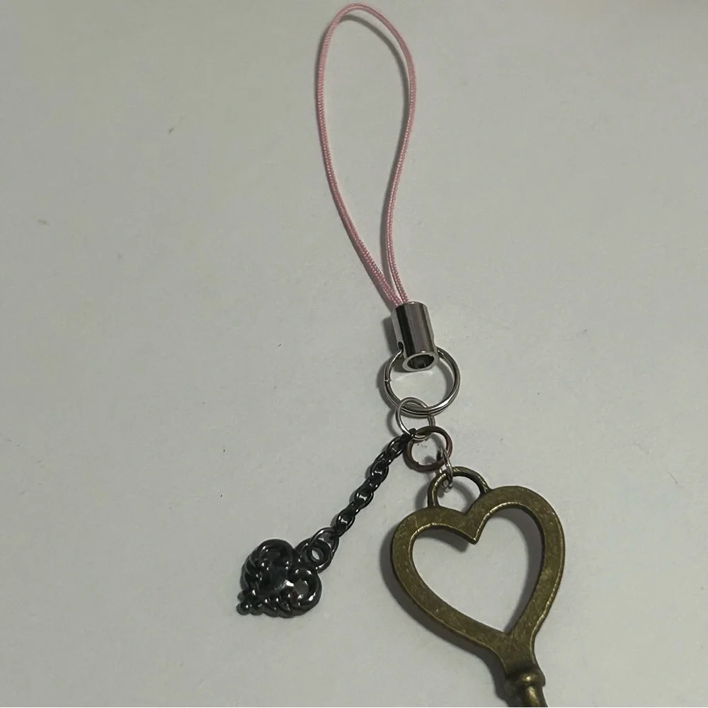 Heart Shaped Key, Bag Charm, Cellphone Charm, or Keychain Pink and Bronze